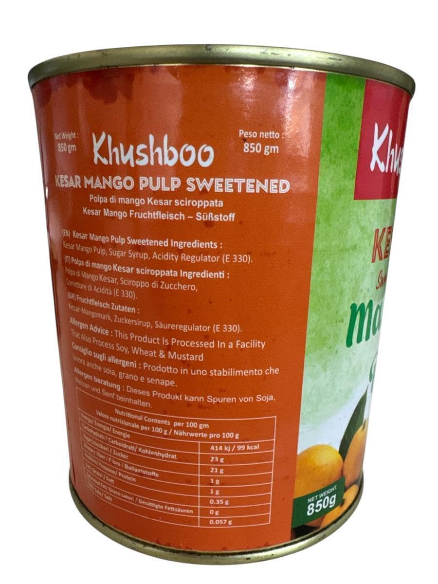 Khushboo Kesar Mango Püree - 24x 850g Dose - Premium Mangopüree aus echten indischen Früchten, perfekt für Lassi, Desserts, Smoothies, Currys & mehr (24er)