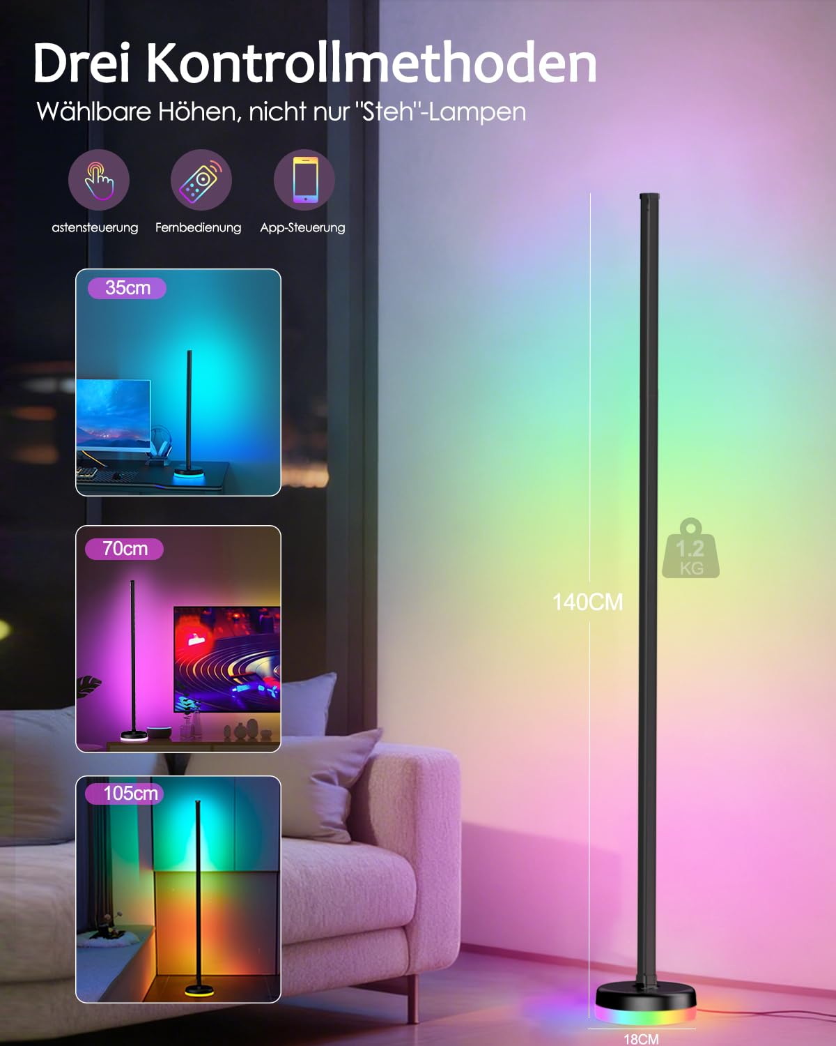 LED Stehlampe Wohnzimmer Dimmbar RGBIC - 140cm Smart Modern Stehlampe mit Fernbedienung und APP, 16 Millionen Farben, Musikmodi, DIY-Modus, Floor Lamp für Schlafzimmer, Gaming-Zimmer, Schwarz