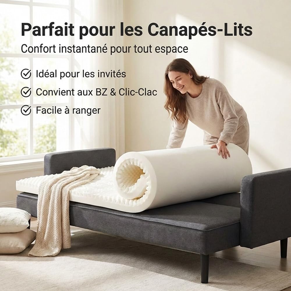 FLANDRIA Surmatelas Mousse à Mémoire de Forme 5cm, 140x190cm, Blanc | Surmatelas 7 Zones, Confort optimal et soutien homogène, 2 pers, Respirant, Soutien optimal, Clic‑Clac, BZ