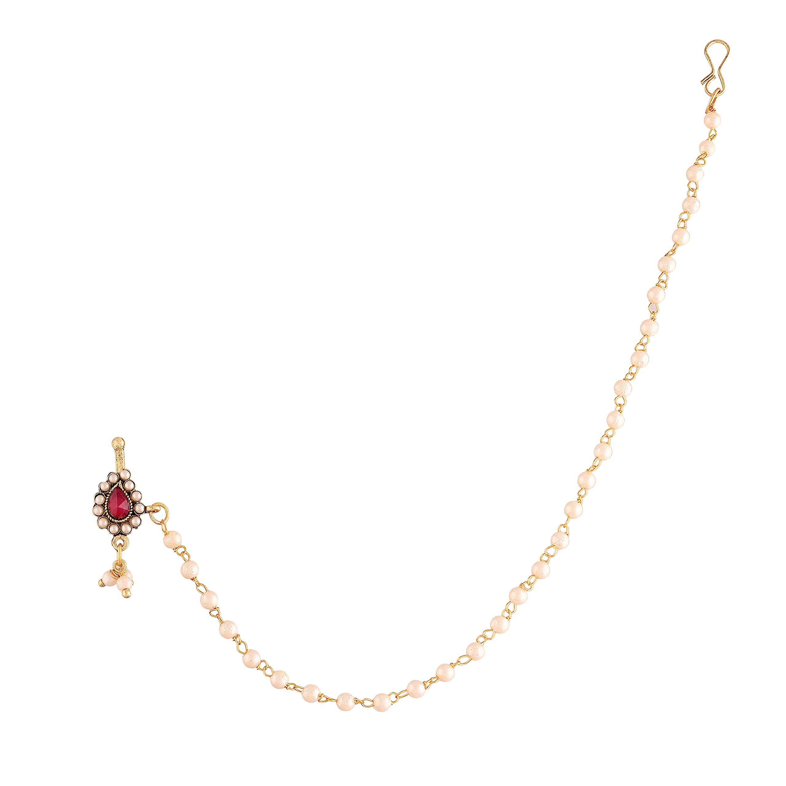 Gold Plated Traditional Ethnic Bridal Nose Ring/Nath without piercing with Pearl Chain Encased with Pearl Stone for Women/Girls (NL35)