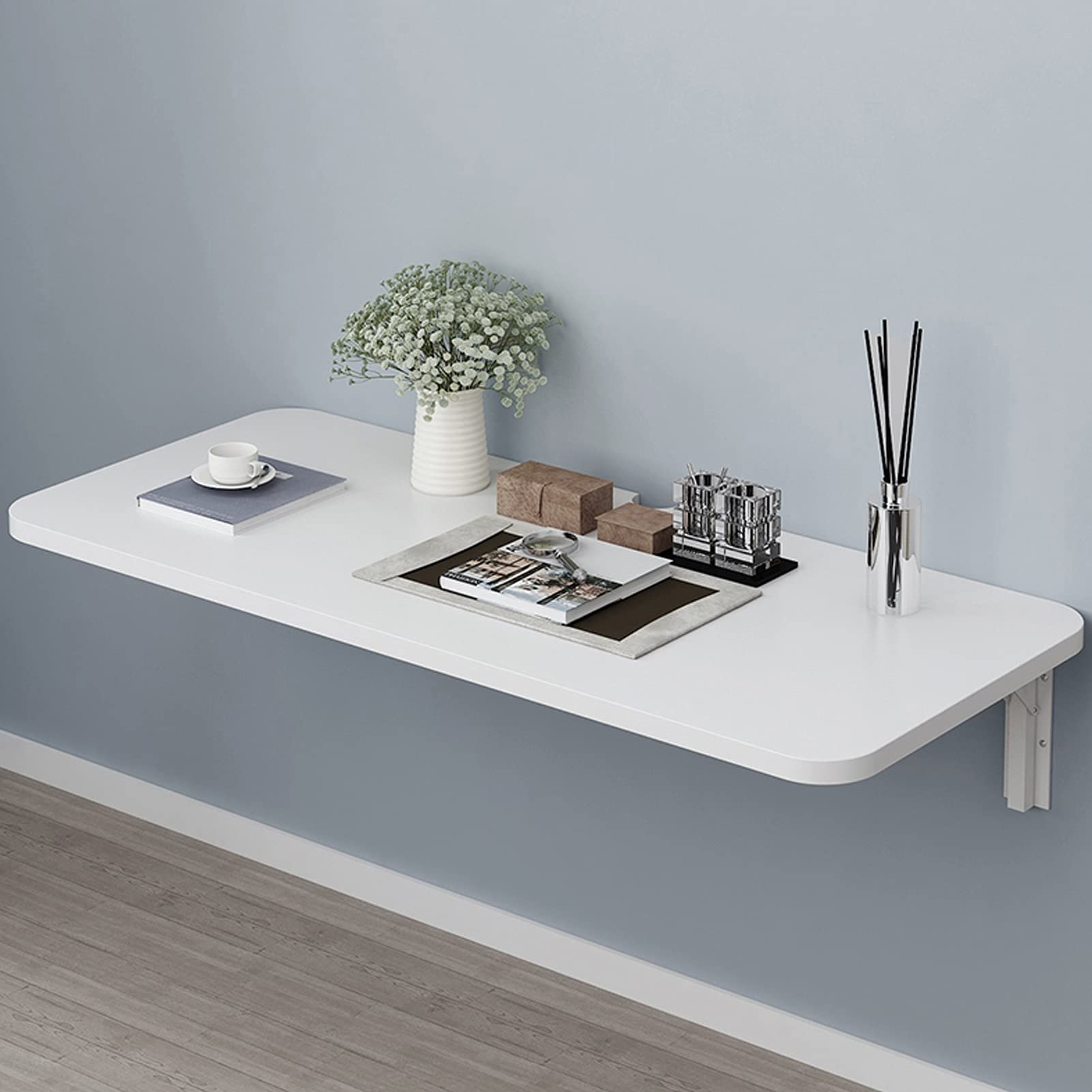 WQPMNYG Floating Wall Mounted Folding Desk Space Saving Table for Home Office Bedroom Kitchen Dining Room White Fold Down Computer Workstation for Garage Garden Laundry Room