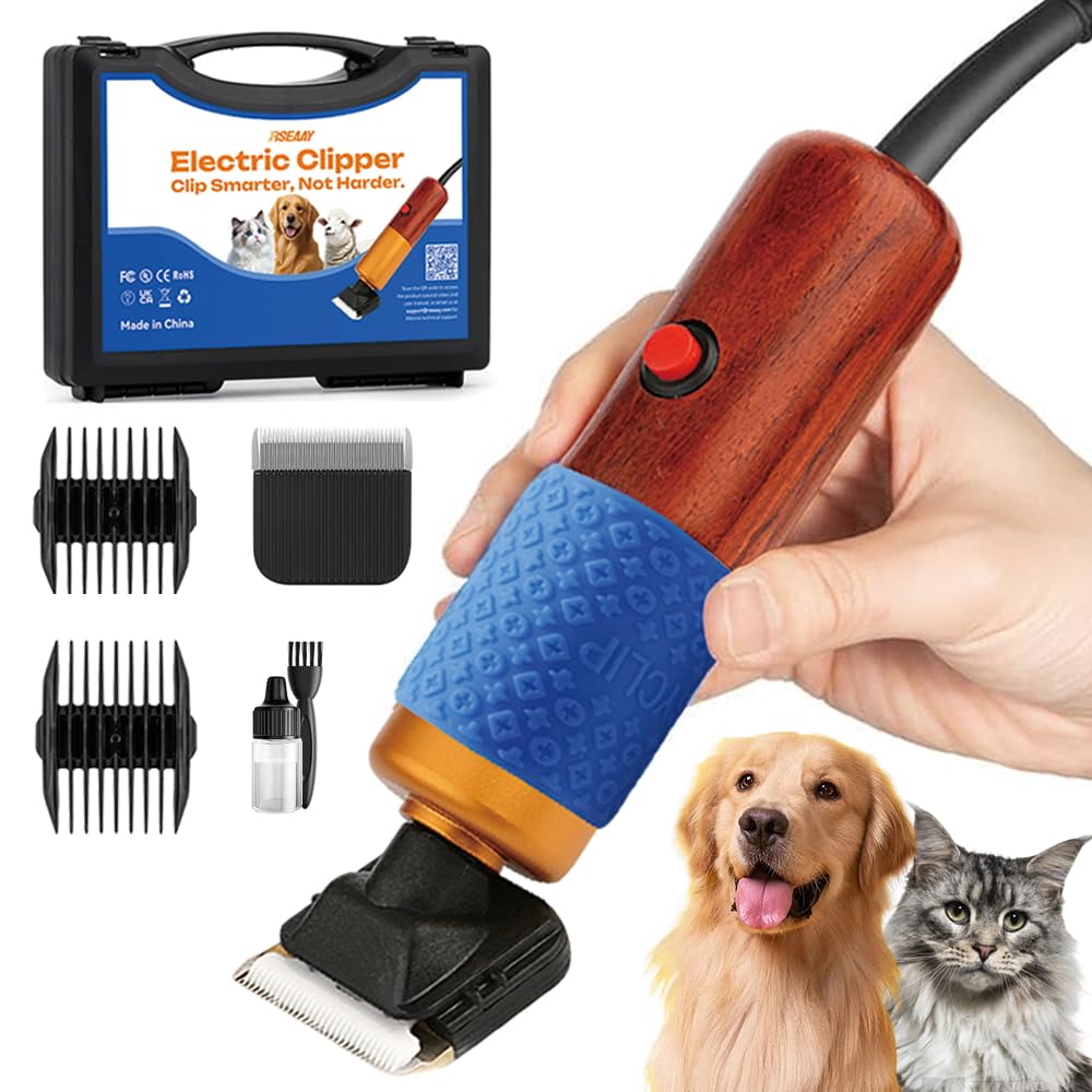 200W Professional Dog Grooming Clippers with Stepless Speed Control, Low Noise <50dB Pet Hair Trimmer Kit, Solid Wood Handle, 2 Blades, Dual-Sided