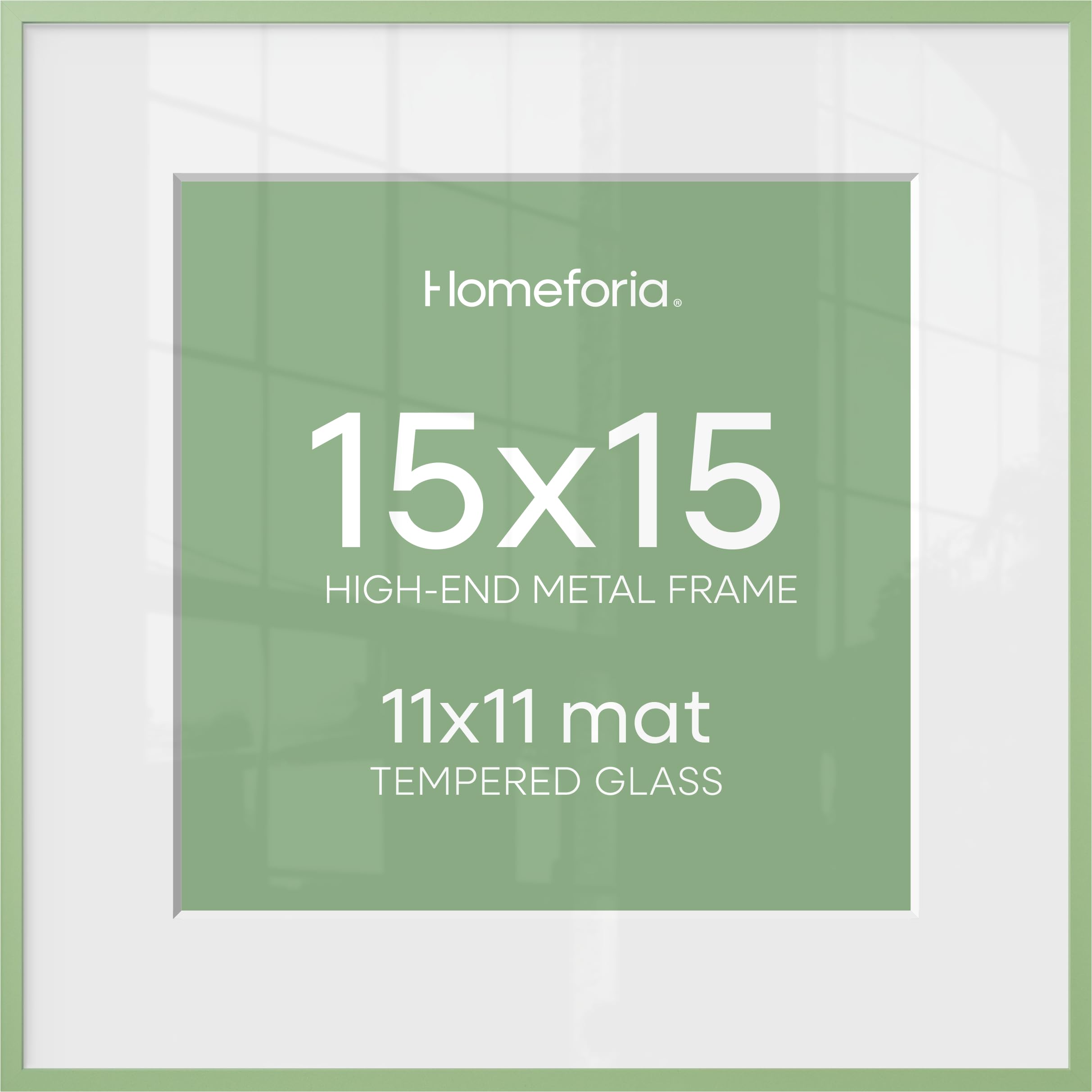 Homeforia 15x15 Green Picture Frame, High-End Metal, 11x11 Mat, Glass | High End Aluminum, Tempered Glass, Acid-Free 11x11 Removable Mat, 15x15 in Edge-to-Edge Display 15x15, Wall Kit, Set Of 1