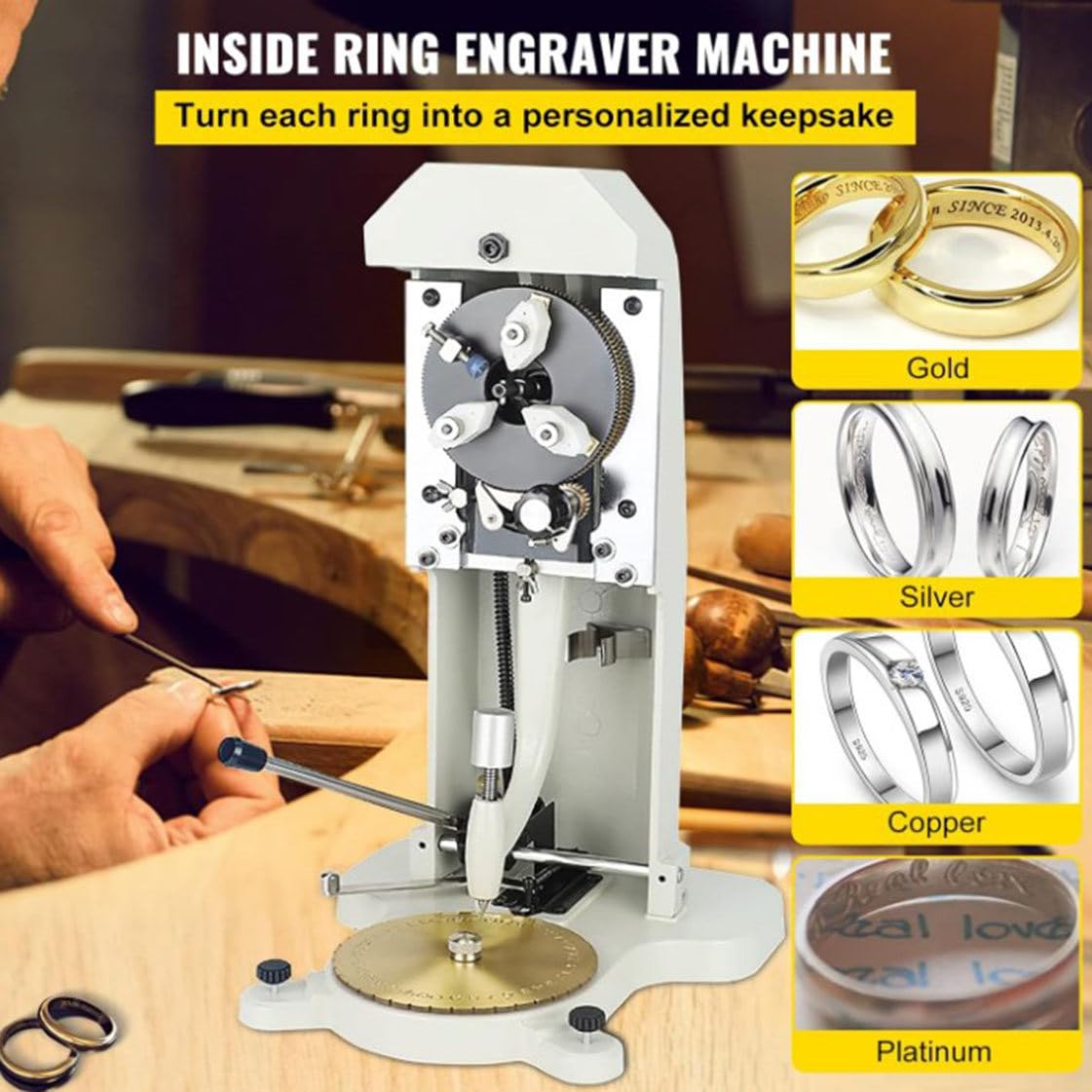 Máquina de grabado eléctrica Grabador de joyería, Grabador de anillo de doble cara Estampador 1,5 mm-2,0 mm Máquina grabadora de anillo de bloque de letras de caracteres