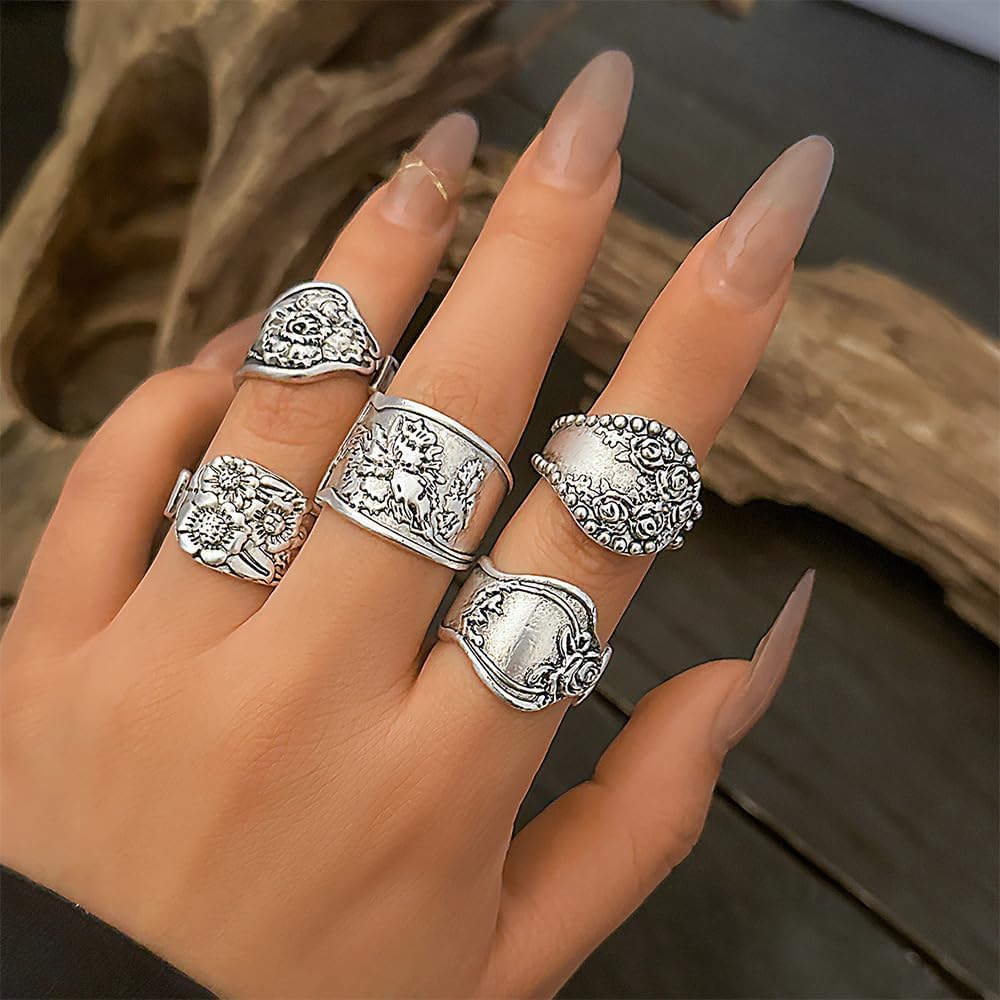 Western Gold Vintage Spoon Rings Set for Women Chunky Y2k Silver Statement Adjustable Big Flower Knuckle Ring Stack Stackable Flower Signet Finger Jewelry