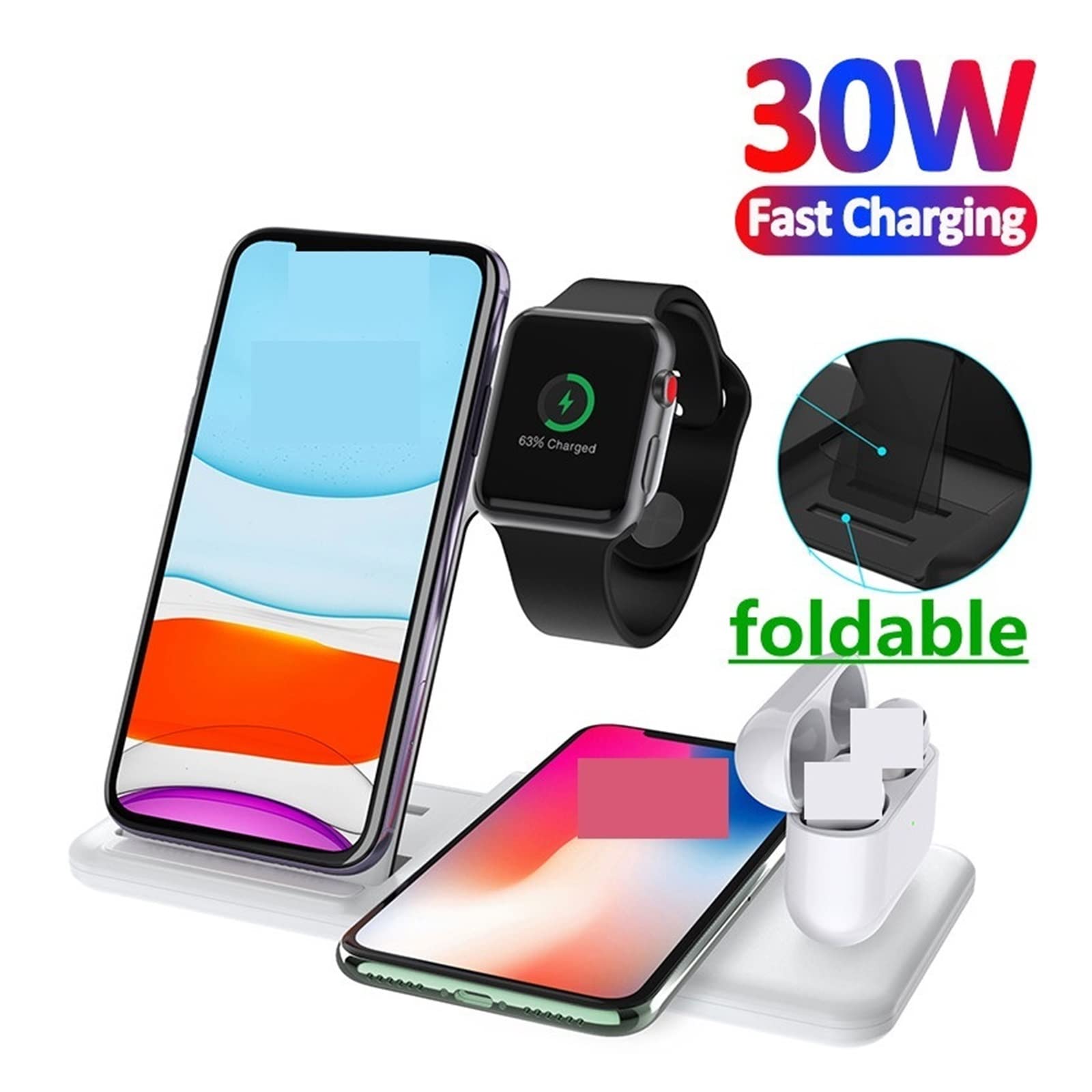 Chargeur sans Fil Support de Chargeur sans Fil Rapide 30W for Montre de téléphone Station de Chargement Pliable 4 en 1 for Montre d'écouteurs(4 in 1 Black with Plug)