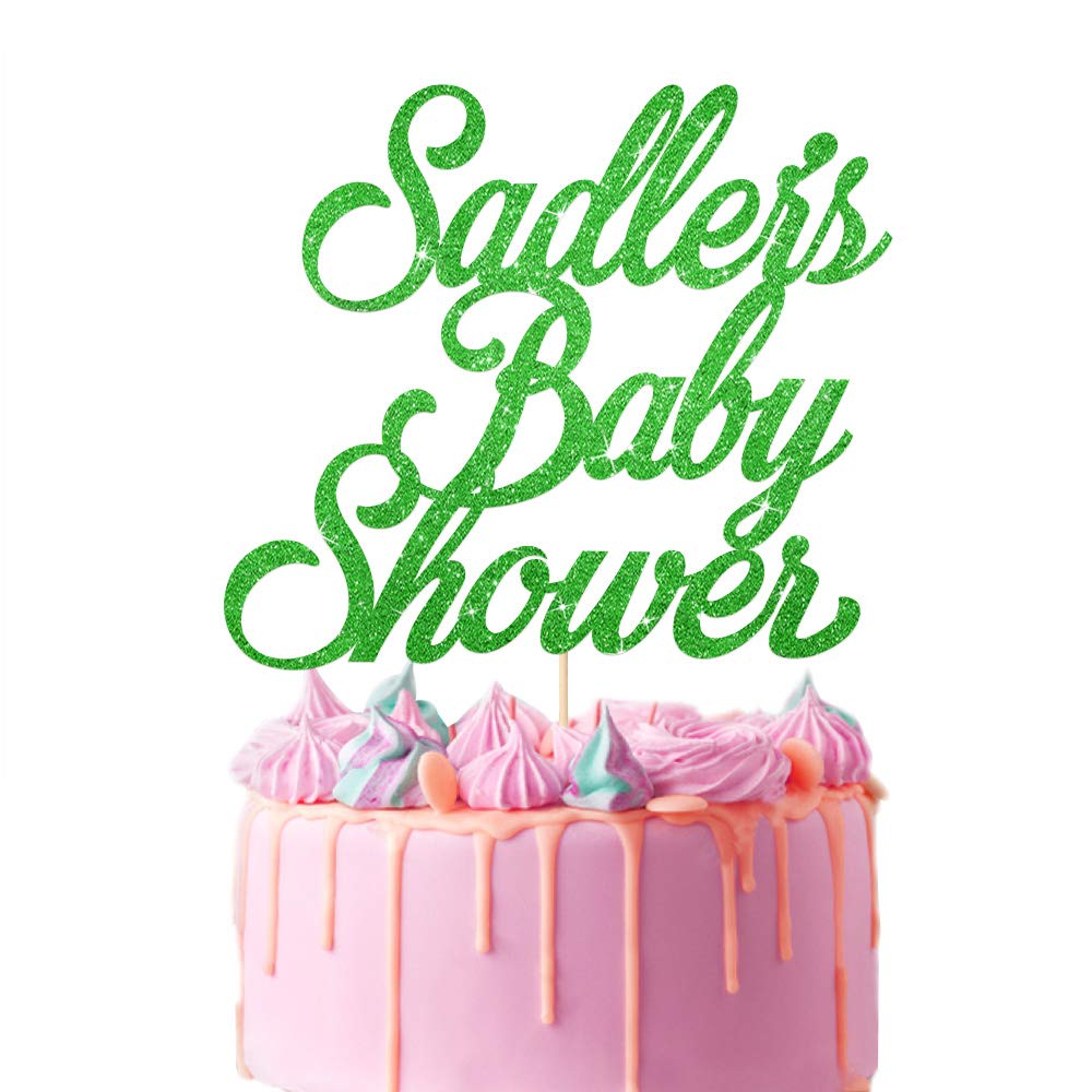 EDSG Personalised Cake Topper for Baby Shower | Cake Decoration Double Sided Glitter Card Text Customized Any Name | Multicolour Party Decoration Hand Finished in UK(Green)