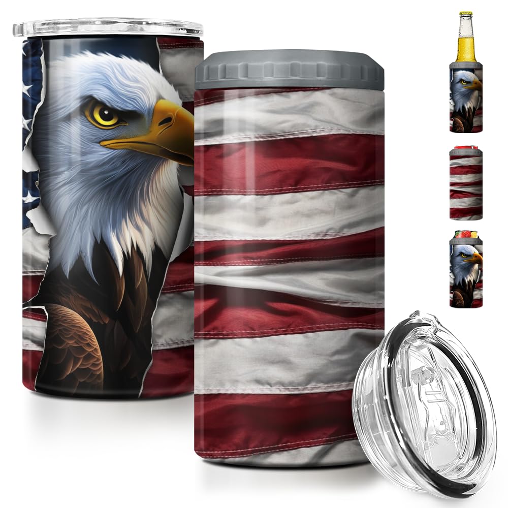 SANDJEST Eagle Tumbler American Flag 4 in 1 12oz Can Cooler Coozie Skinny Stainless Steel Tumbler Gift for Men Dad Father Travel Veteran Day 4th of