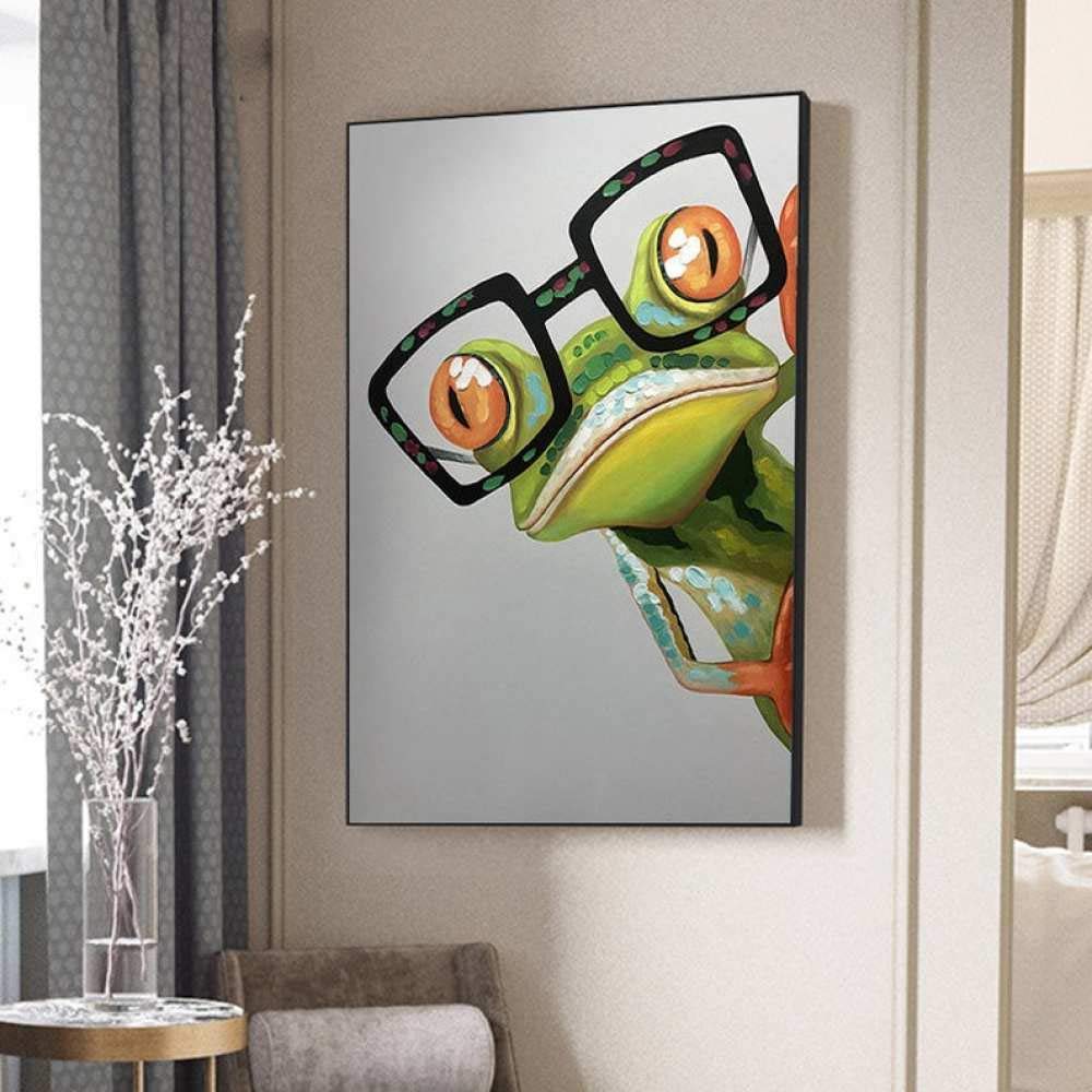 Mano Pintura Óleo Pintada Cuadros,Arte Animal Abstracto Pintura Acrílica 100% Pintada A Mano Gafas Verdes Rana Obra De Arte Moderna Arte De Pared Extra Grande Sin Marco Pinturas Frías Decoración