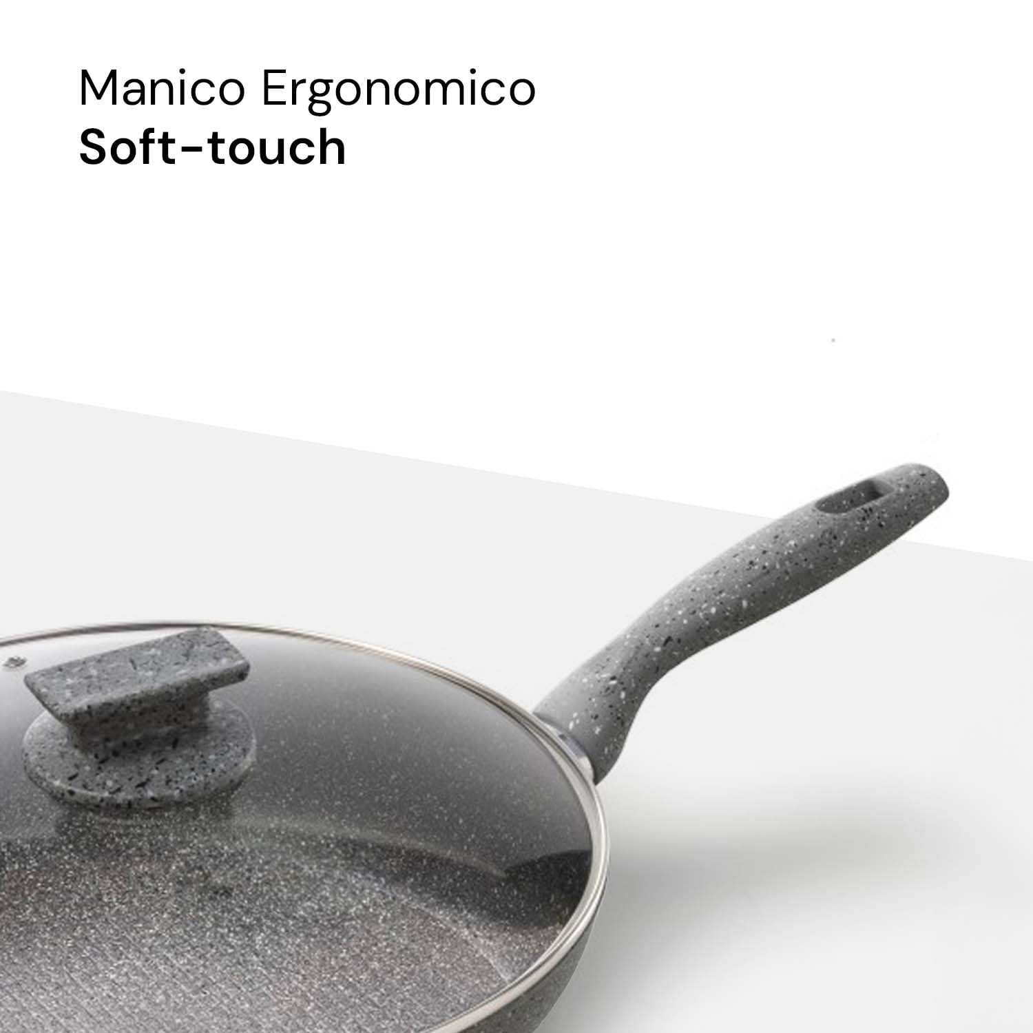 Avilia Padella ad Induzione Antiaderente con Coperchio - Effetto Pietra, Cottura Senza Olio, Manico Ergonomico Soft-Touch, Ottima per Carne, Pesce e Verdure, 20cm, Made in Italy