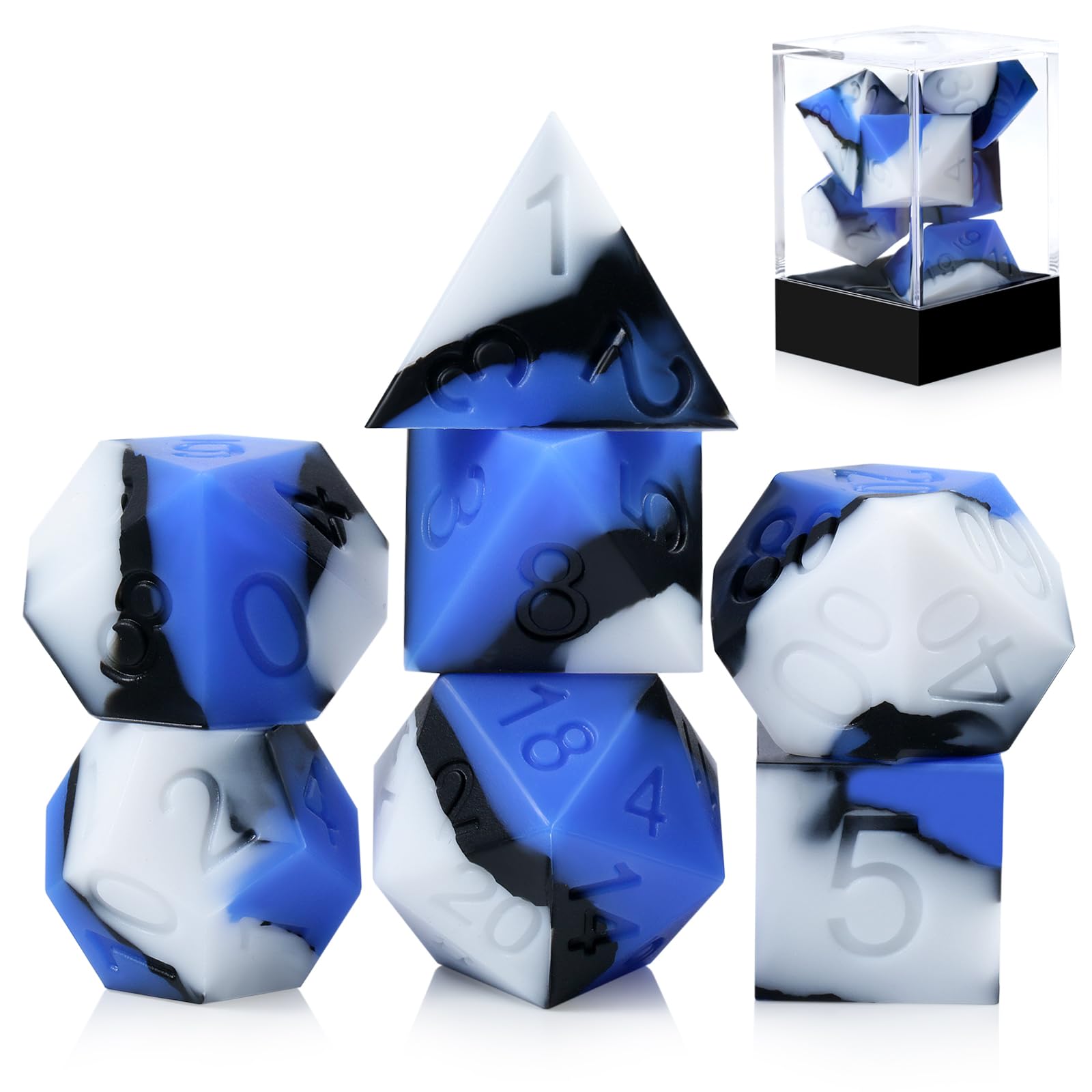 Silicone D&D Dice, DNDND 7PCS Silicone Rubber D&D Dice Set with Clear Plastic Display Case for Dungeons and Dragons Role Playing Games and Tabletop Games（Blue Black White