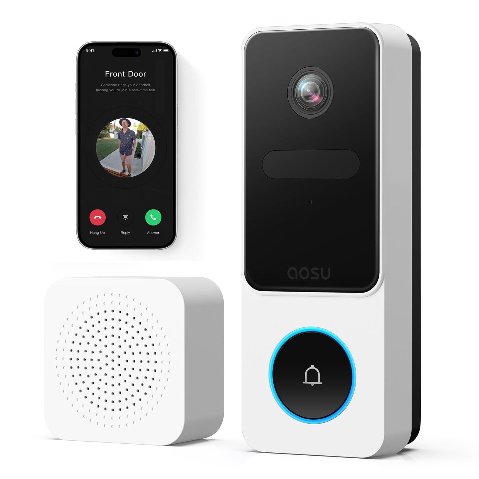 aosu Timbre Inalámbrico con Cámara 2K, Videoportero Exterior Impermeable IP65, Detección Humana y de Paquetes PIR, Audio Bidireccional, Visión Nocturna, Compatible con Alexa (2.4G WiFi)