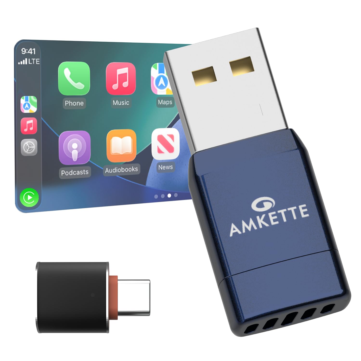 Amkette CarLink S2 2-in-1 Wireless CarPlay Adapter & Android Auto Wireless Adapter, Wi-Fi 6 Low Lag, BT5.4 Pairing, Converts Wired to Wireless, Supports OEM Steering Control, USB-A & USB-C Compatible