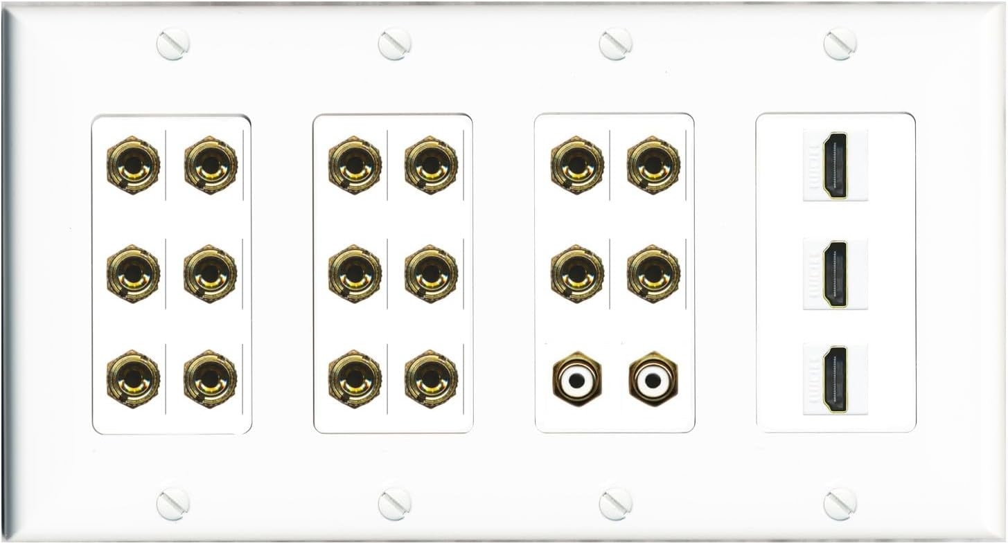 RiteAV 8.2 Surround Sound 8 Speaker 16 Banana Plug Jack Wall Plate w/ 2 RCA Subwoofer + 3 HDMI Female Connectors - 4 Gang [Black]