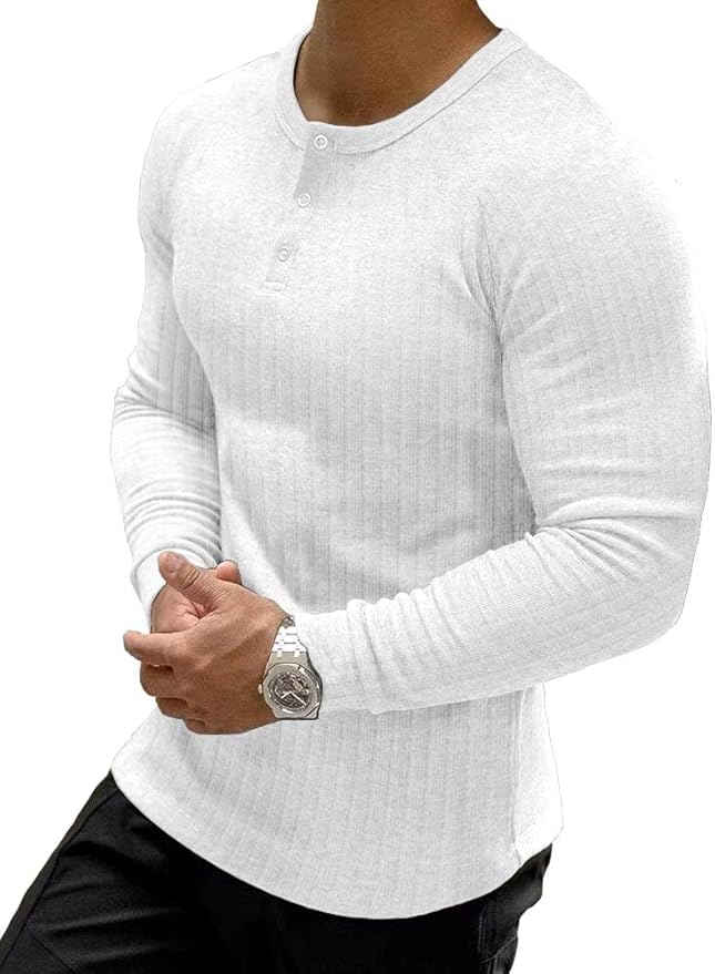 Muscle Cmdr Men's Ribbed Henley Shirt Short Sleeve Slim Fit Muscle Shirt Fitted Cotton Casual Long Sleeve