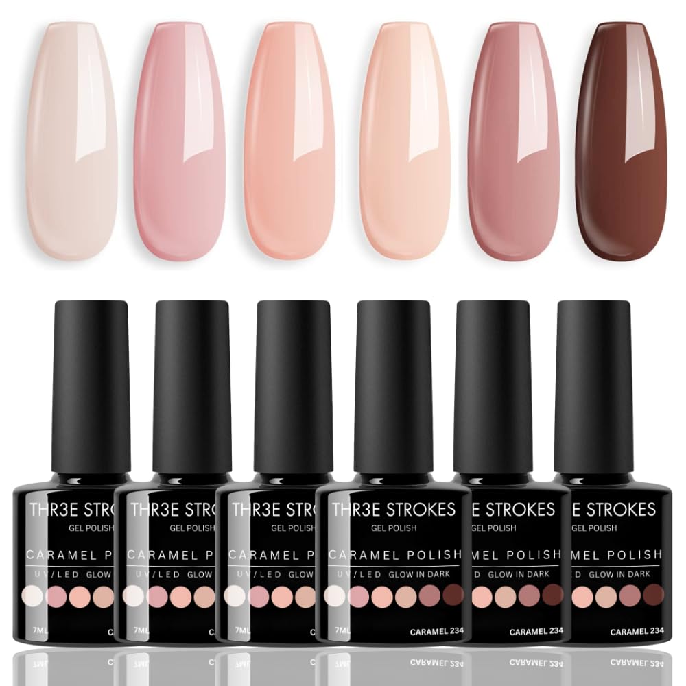 THR3E STROKES Gel Nail Polish Set- 6 Colors Nude Gel Polish All Seasons Skin Tones Pink Neutral Brown Gel Polish Kit (Uv/Led Lamp Required) Shades Need At Least 3 Layers, Shine Finish, 7.5 Milliliters (CARAMEL 234, 15ml)