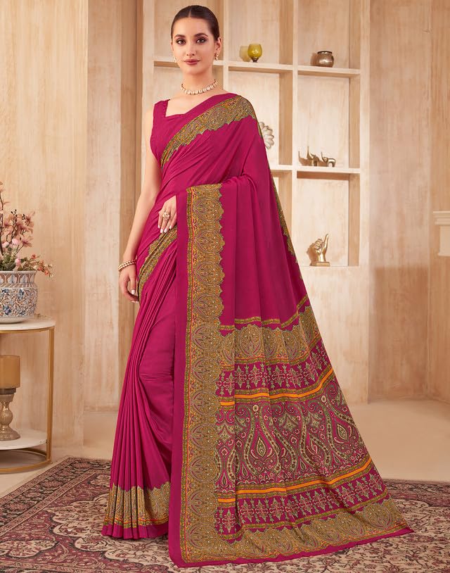 Image of SIRIL Women's Crepe Silk Printed Saree with Unstitched Blouse Piece