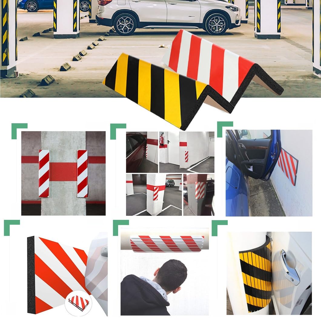 Protezione da parete autoadesiva riflettente per garage, in schiuma, per parcheggi, fabbriche e parchi giochi, a forma di L, colore: rosso e bianco, 4 pezzi