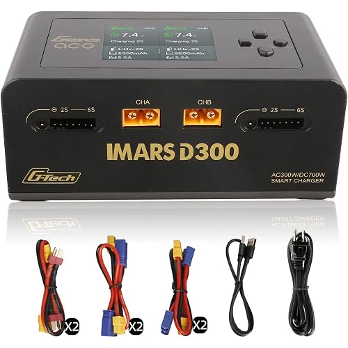 Gens Ace Lipo Battery Charger IMARS D300 G-Tech Series Smart Dual Lipo Charger 16A AC 300W DC 700W Lipo Charger（Black）