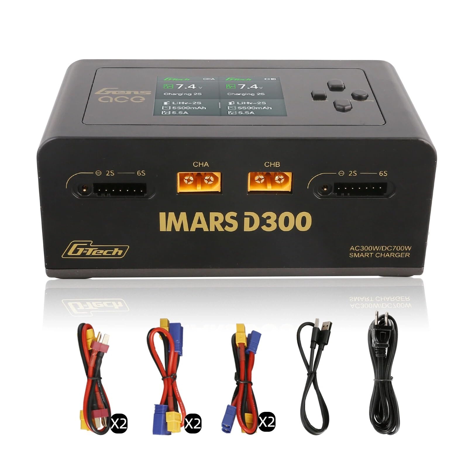 Gens Ace Chargeur de batterie Lipo IMARS D300 G-Tech Series Smart Dual Lipo 16 A AC 300 W DC 700 W Chargeur Lipo (Noir)