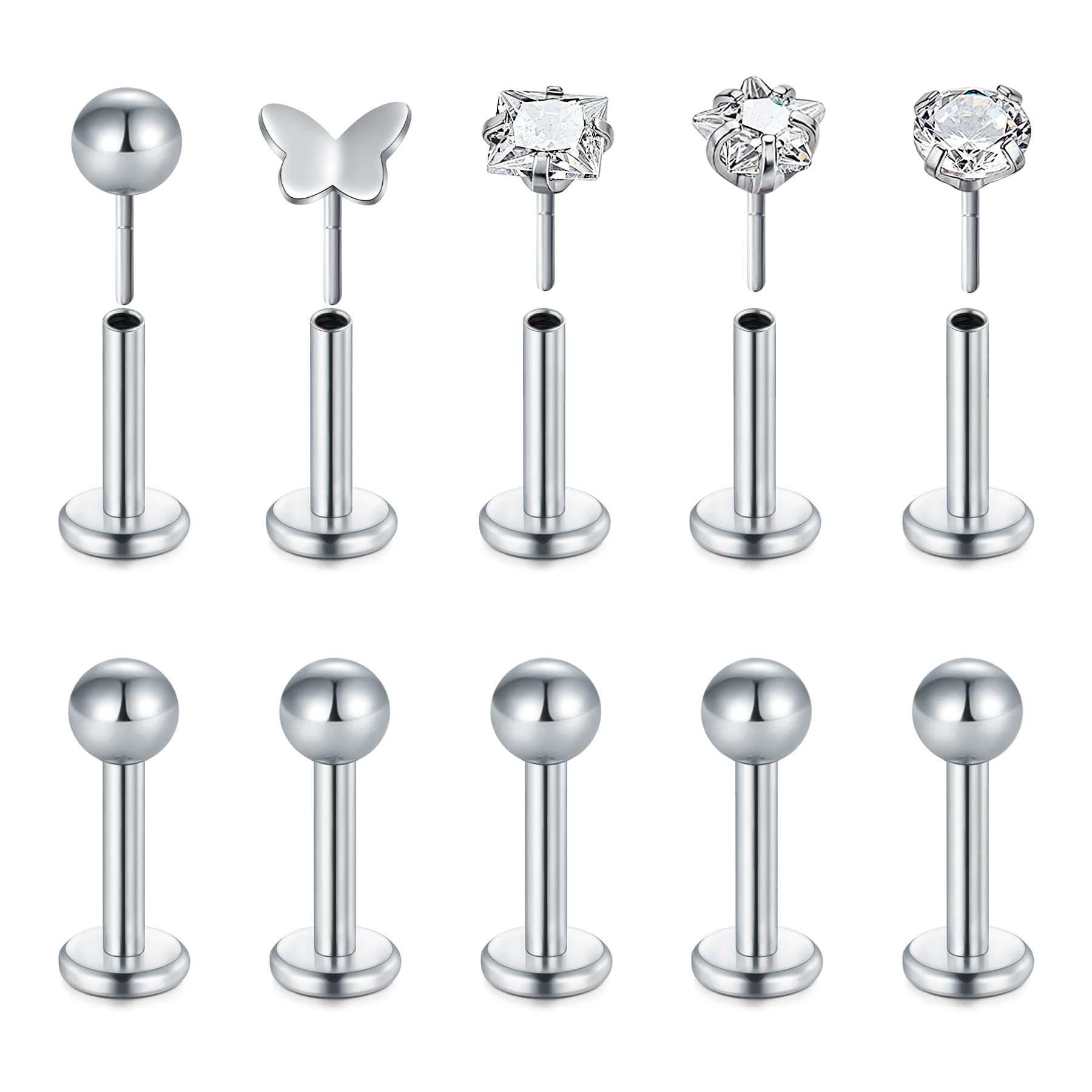 Briana Williams 10pcs 1.2mm 316L Acero Inoxidable Labret Labio Piercing Tragus Helix cartílago Pendiente Barbell Stud, 6-8 mm Longitud de la Barra — view 12