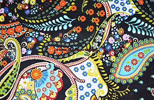 Image of Indian Hand-Block Printed Jaipuri Print Tropical Paisley Floral Ethnic Sanganer Kurti Print Cotton Fabric (Black Paisley, 10 Yards)