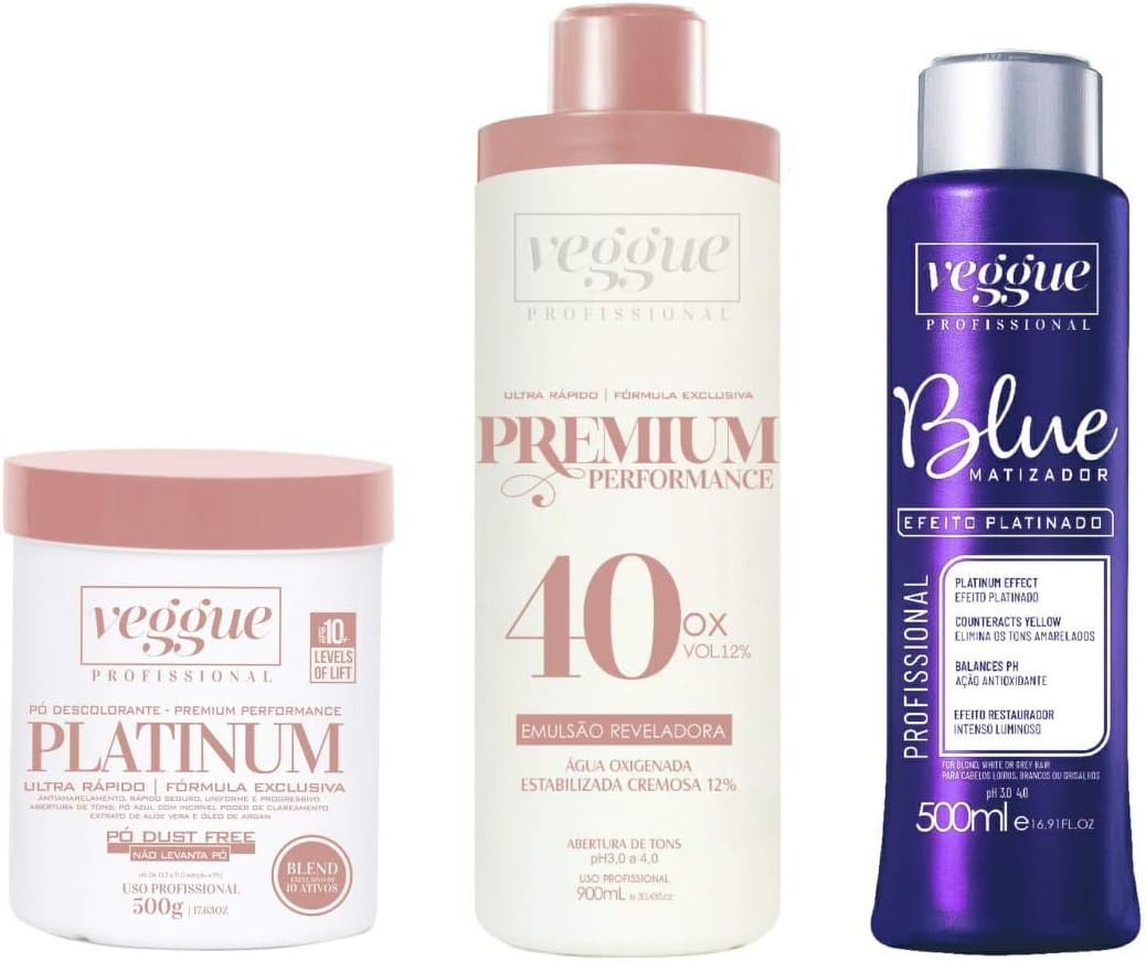 Kit Pó descolorante Azul Premium, Água Oxigenada 40 Volumes e Matizador Blue Platinado, Veggue Profissional