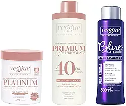 Kit Pó descolorante Azul Premium, Água Oxigenada 40 Volumes e Matizador Blue Platinado, Veggue Profissional