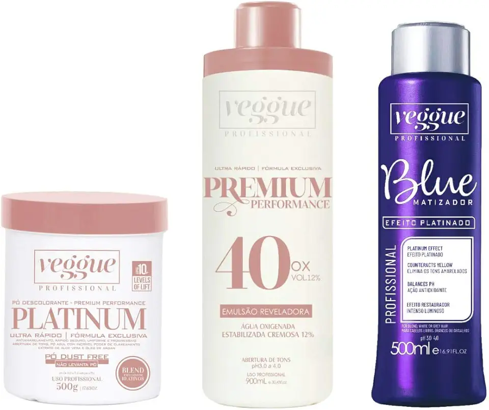 Kit Pó descolorante Azul Premium, Água Oxigenada 40 Volumes e Matizador Blue Platinado, Veggue Profissional