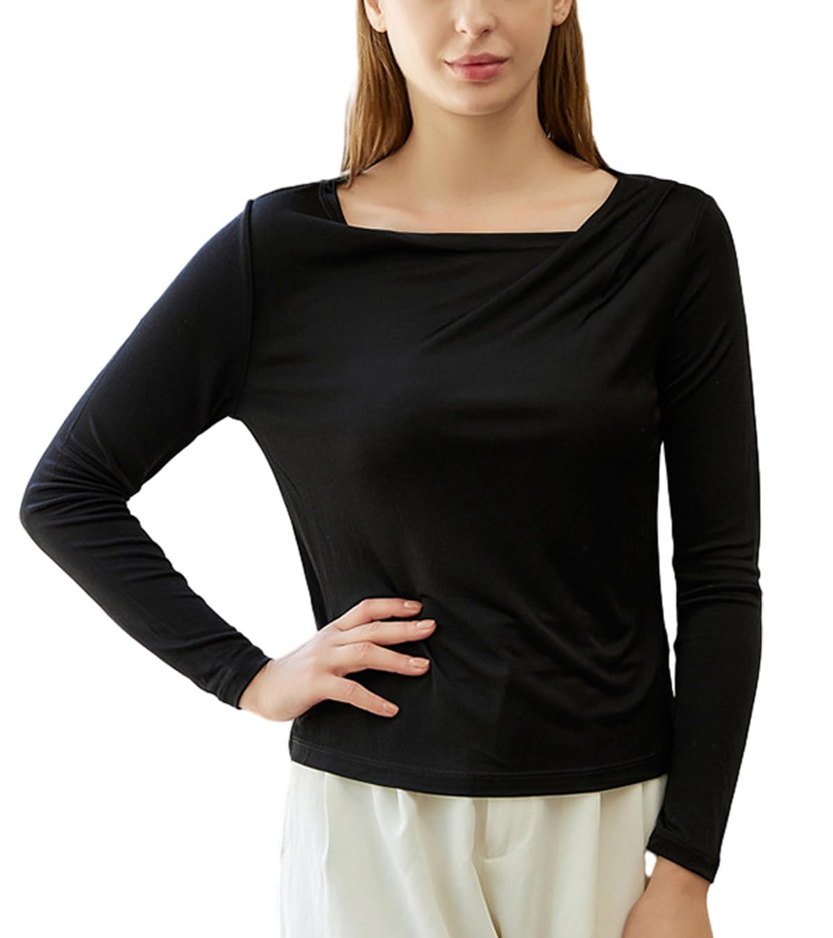 Camiseta de seda de manga larga para mujer, camiseta de seda pura, transpirable, térmica, ultra suave