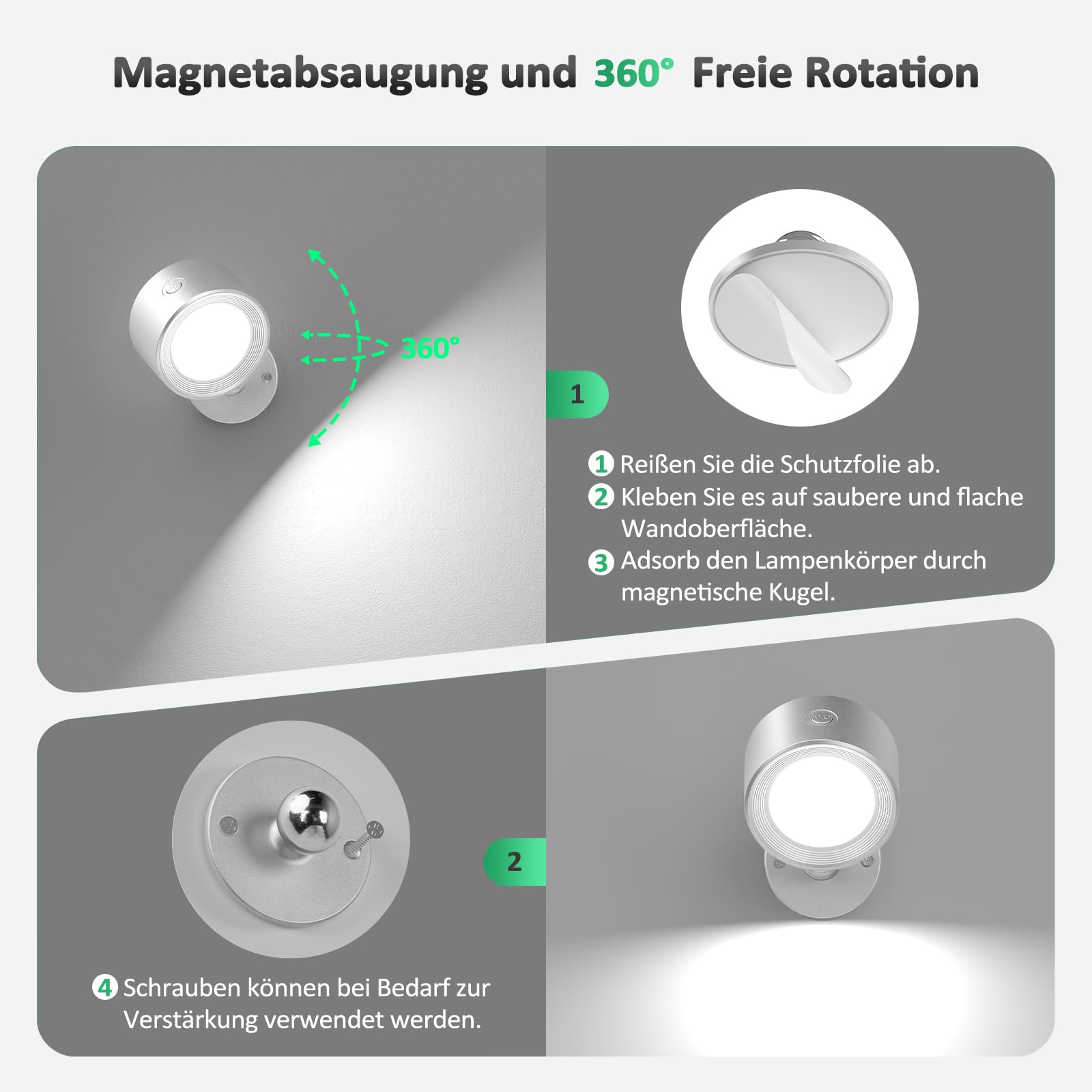 LED Wandleuchte Innen, 3 Stück Wandlampe Akku mit Fernbedienung, 3 Farbmodi Kabellos Wandlichter Lampen ohne Strom, 360° Drehbare Nachttischlampe Strahler für Kinderzimmer Schlafzimmer Wohnzimmer