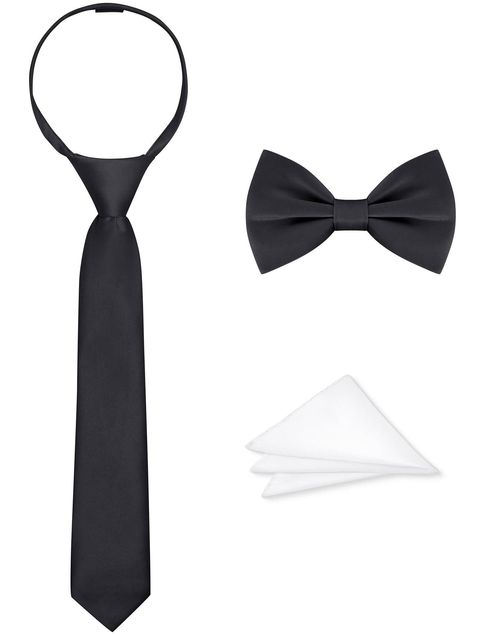 Boys Tie Set, Bow Tie &amp; Pre-Tied Zipper Necktie, Pocket Square