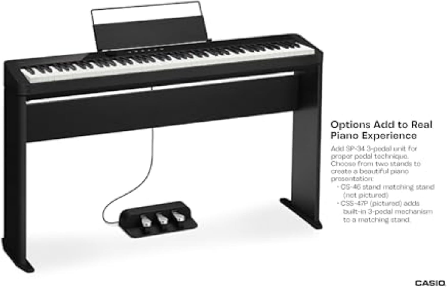 Casio Privia PX-S1100 with music stand and pedal, showing setup options