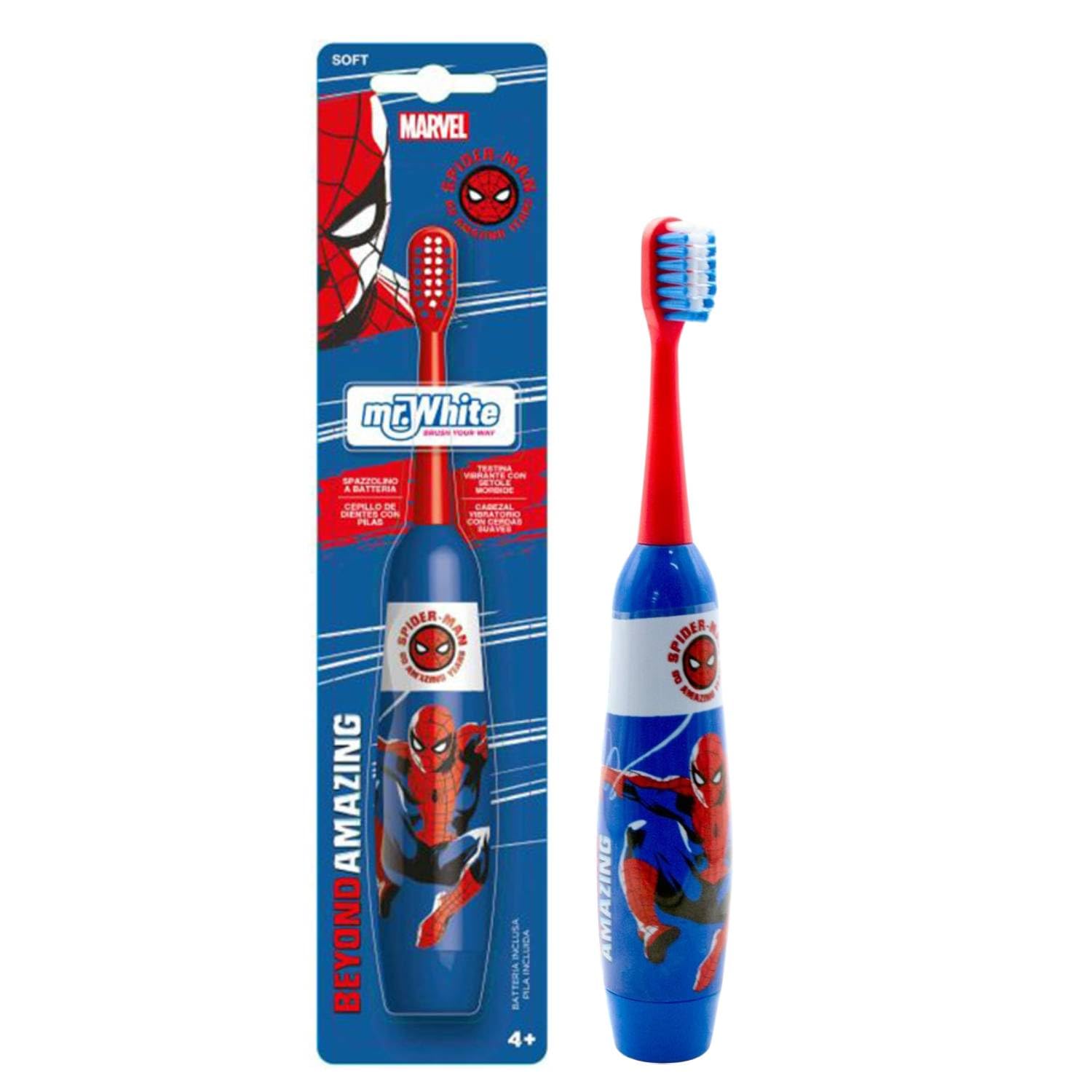 Marvel Spiderman Kids Battery Powered Electric Toothbrush with Soft Bristles, Enhanced Vibration, Protection Cap & Battery Included for Children Aged 4-14 Years Old, BPA-Free & Non-Toxic Toothbrush