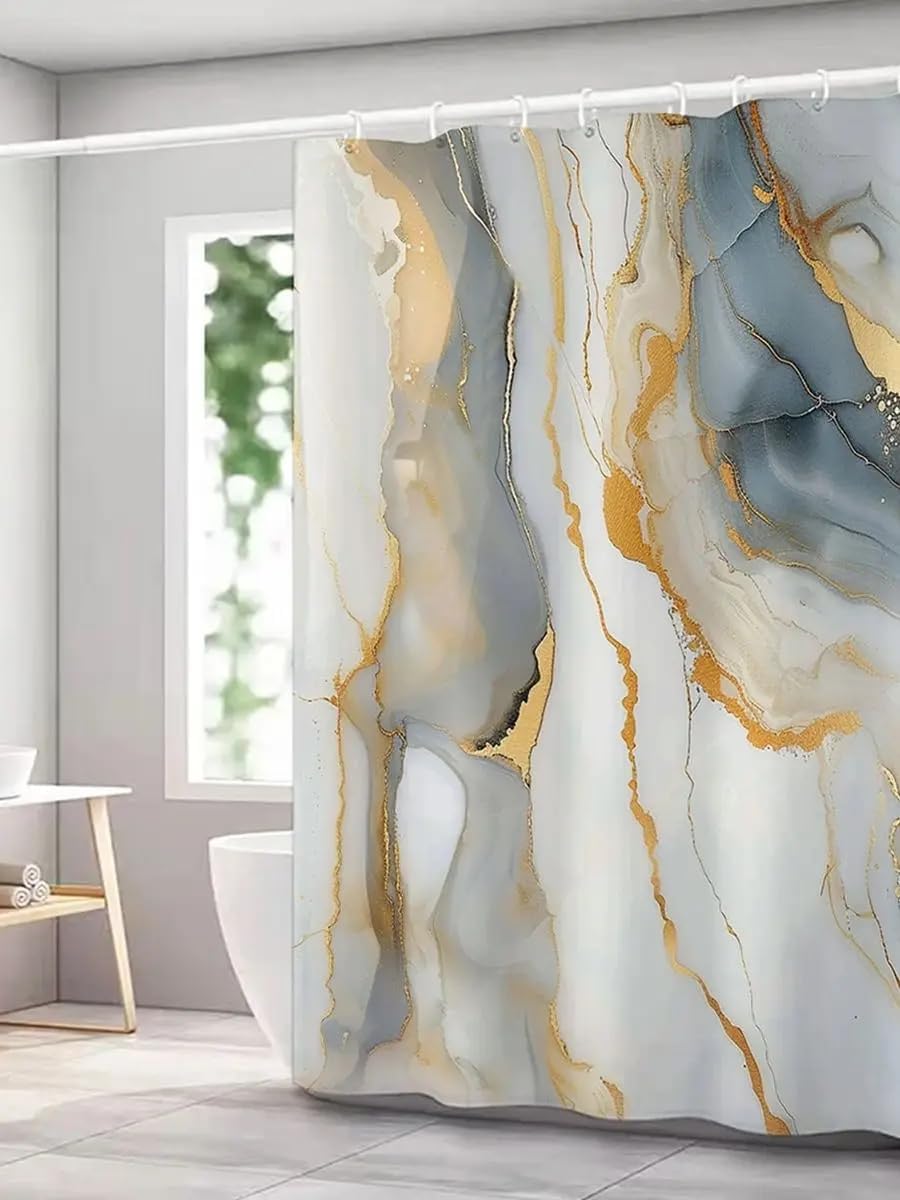 Marble Shower Curtain, 53x75in-135x190cm/WxL, White Marble Shower Curtain Set, Modern Ombre Fabric Cloth Shower Curtains, Waterproof Fabric Shower Curtain for Bathroom Set with Hooks
