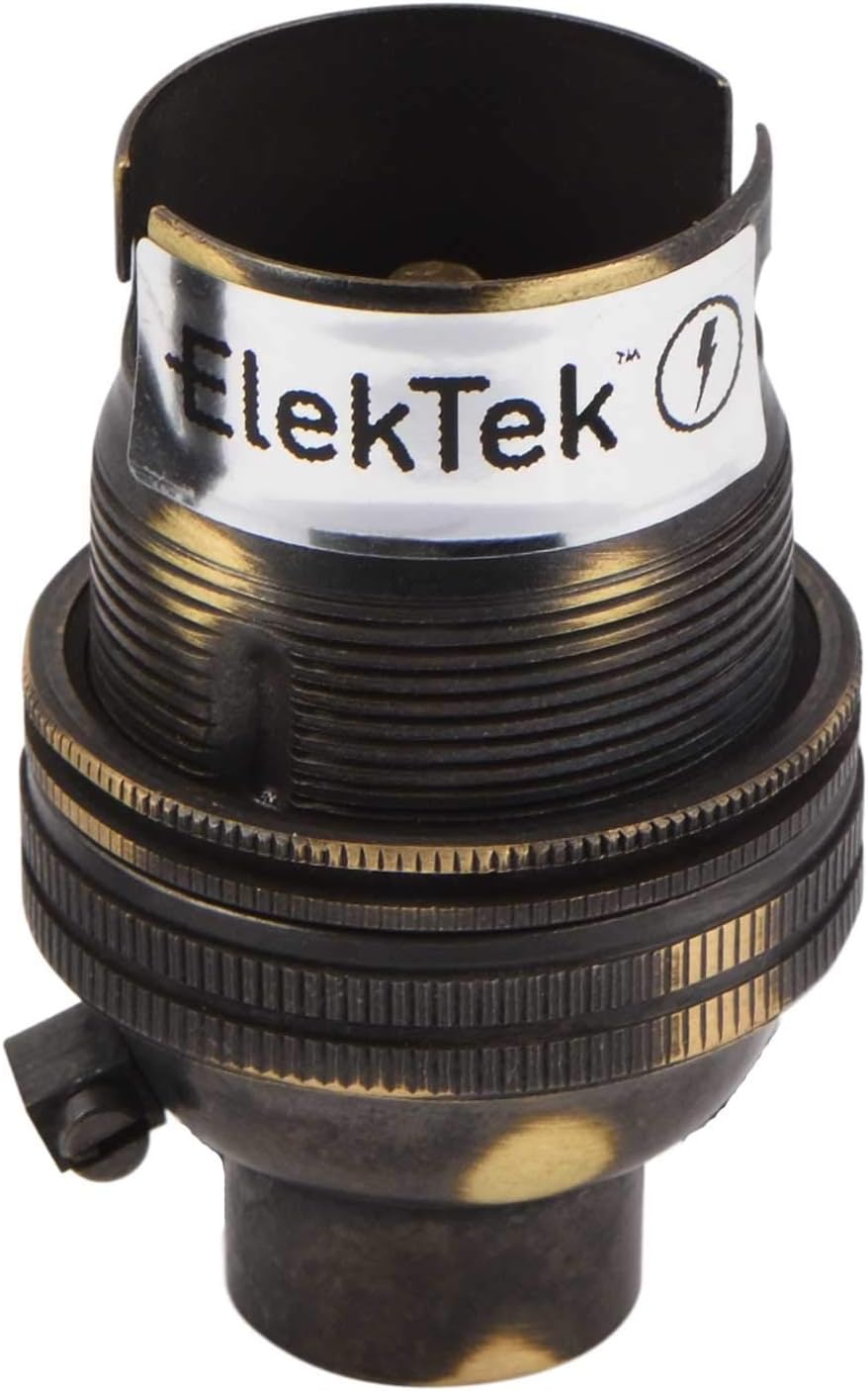 ElekTek Unswitched Lamp Holder B22 BC Bayonet Cap with Shade Ring 10mm/M10 x1 Threaded Bottom Entry - Made in UK - Brushed Antique