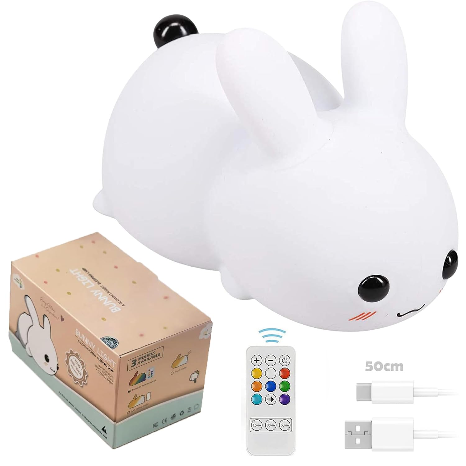 YverLand Lamparita Recargable Infantil para Mesita de Bebé. Táctil, Quita Miedo, Anti-Oscuridad. Regulable en Intensidad con Luz LED para Noches Dulces y Tranquilas (Bunny)