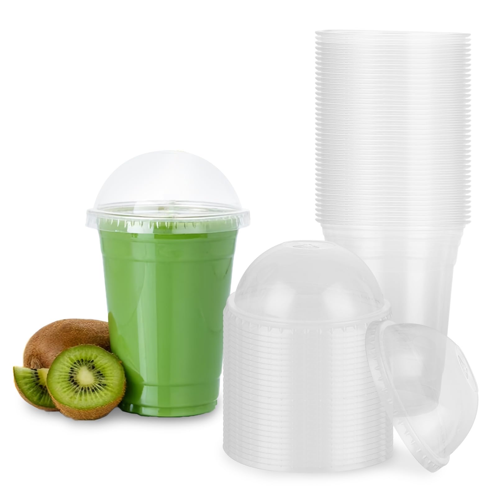100 PCS 16oz Smoothie Cups with Dome Lids, Plastic Cups with Lids, Frappe Cups Reusable Milkshake Cups with Dome Lids for Smoothies, Milkshakes, Iced Coffee