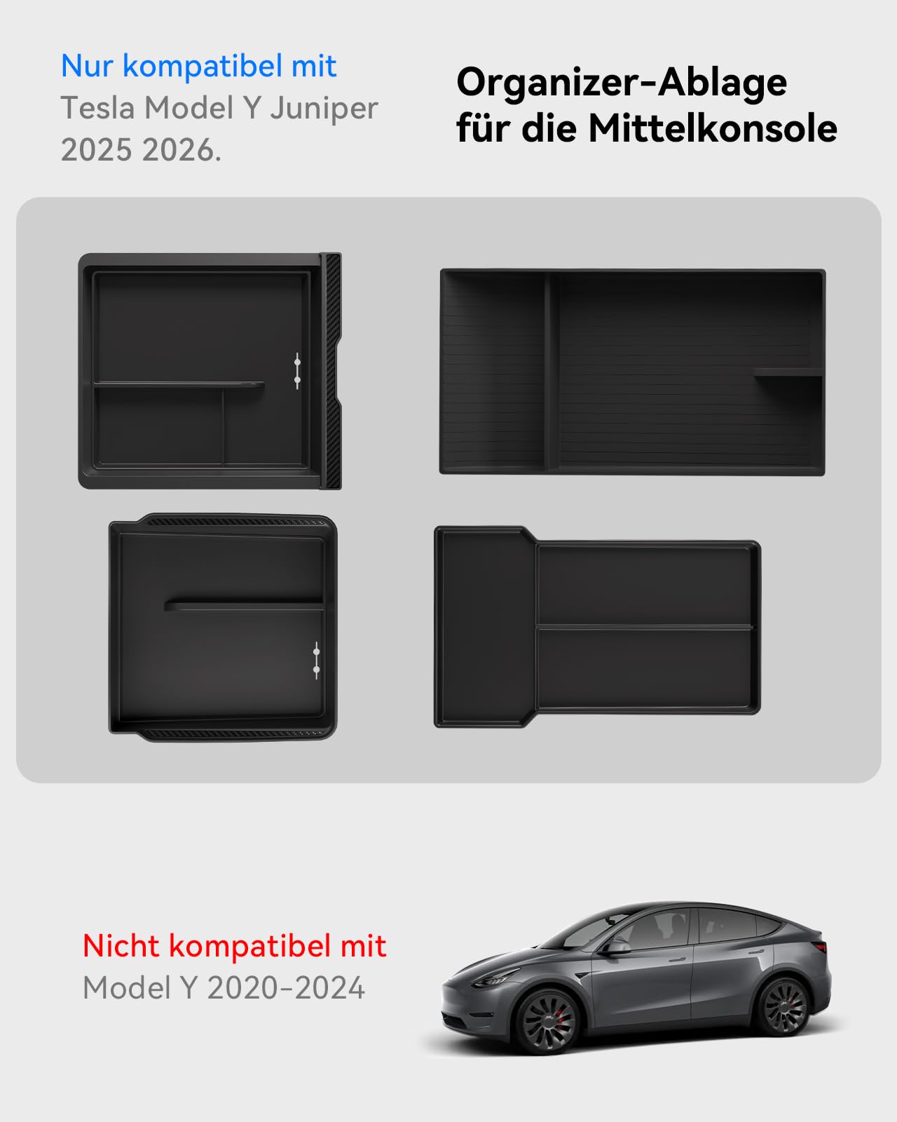 4 Pcs Tesla Model Y 2025-2026 Juniper Mittelkonsole Organizer [Unterteilte Ablage Doppellagig] Smooth Slide Technology Aufbewahrungsbox Armlehnenablage Zubehör für Model Y Juniper (Schwarz)
