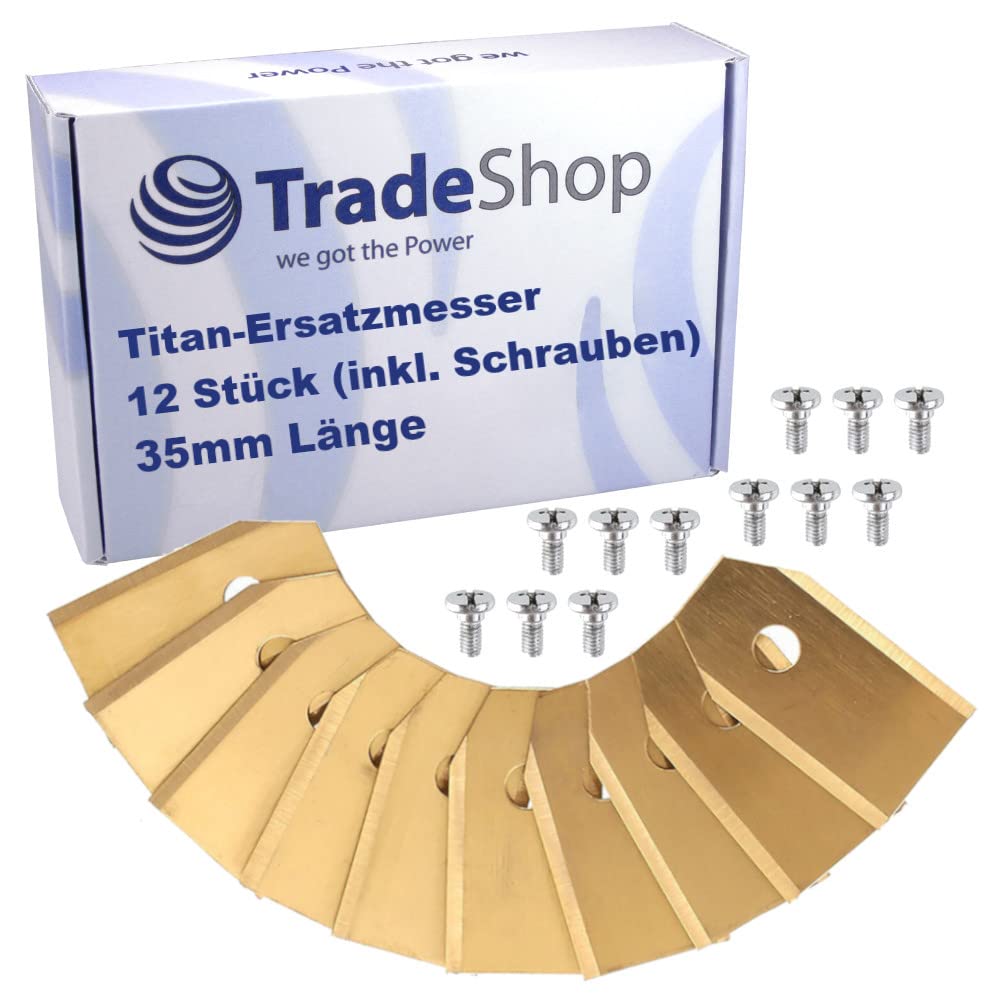 Trade-Shop 12x Replacement Blades Titanium 35 mm Compatible with Gardena Sileno Life, Sileno Minimo, Sileno Smart / 0.75 mm Thick, Gold