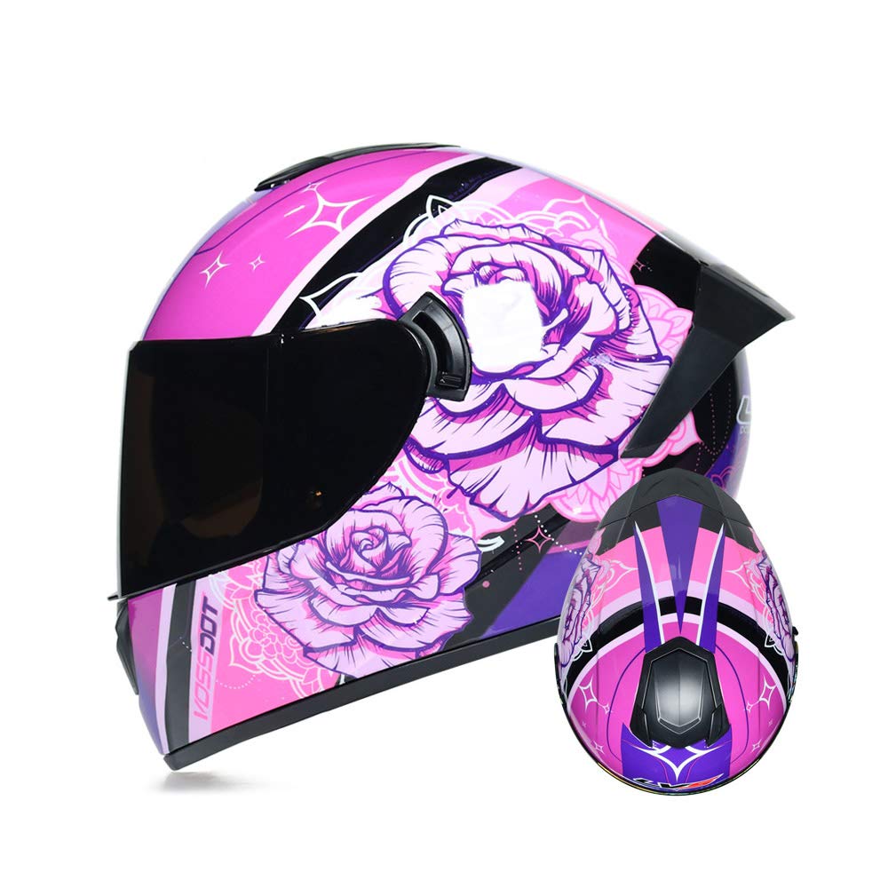 TRIPERSON Full Face Motorcycle Helmet DOT Approved Motorbike Moped Street Bike Racing Crash Helmet, Men and Women (Rose-Black Mirror, Small)