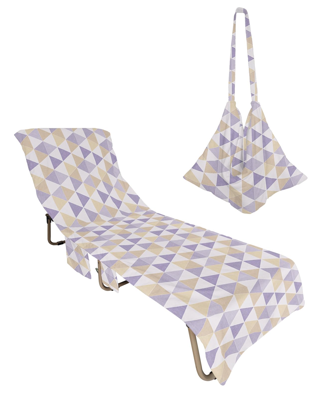 Purple Yellow Geometric Beach Lounge Chair Towel Cover, Soft Chaise Lounge Towel with Side Pockets Patio Pool Chairs Cover for Beach/Pool Sunbathing 29x85 Modern Triangle Abstract Art