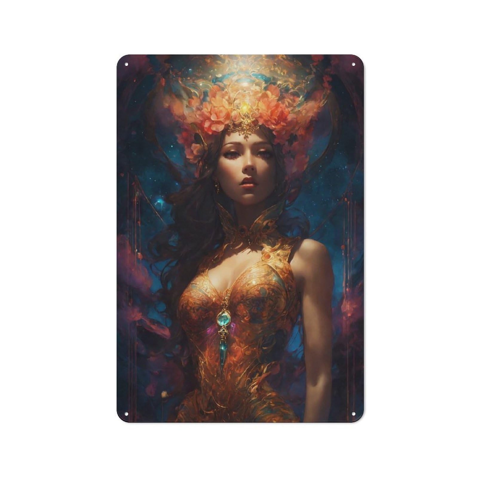 Golden Goddess with Floral Crown Retro-style Metal Plaque 30x20cm for Café Or Home Bar, Suited to Café-style Decor Fans