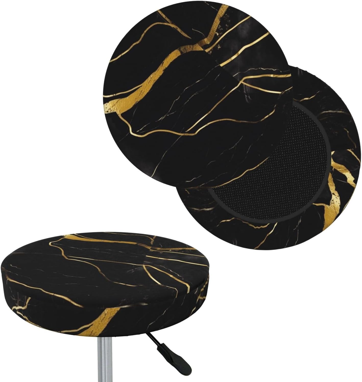 Bar Stool Cover Round Elastic Stool Cushion Covers Black and Gold Marble Texture Bar Chair Cover Washable Stool Cushion Slipcover Stretch Stool Seat Covers for 12-14 Inch Chair