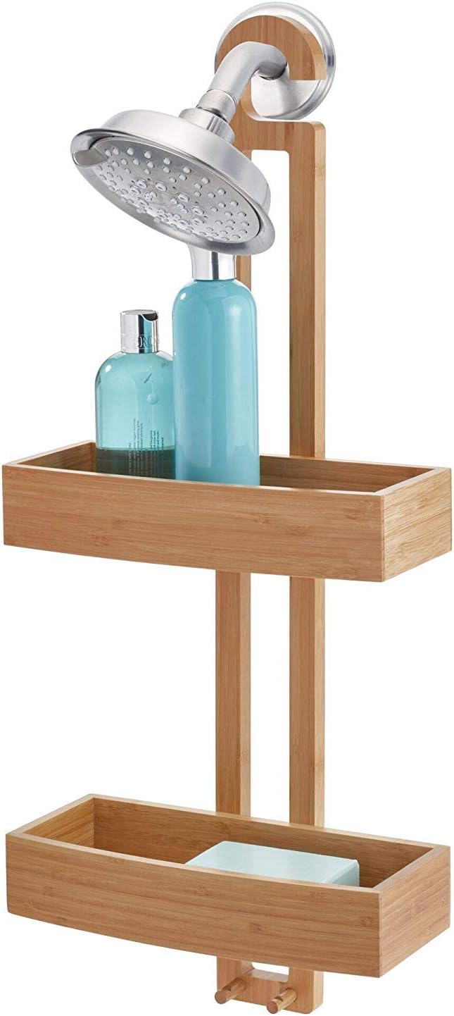 Natural Bamboo Hanging Shower Caddy with Dual Shelves