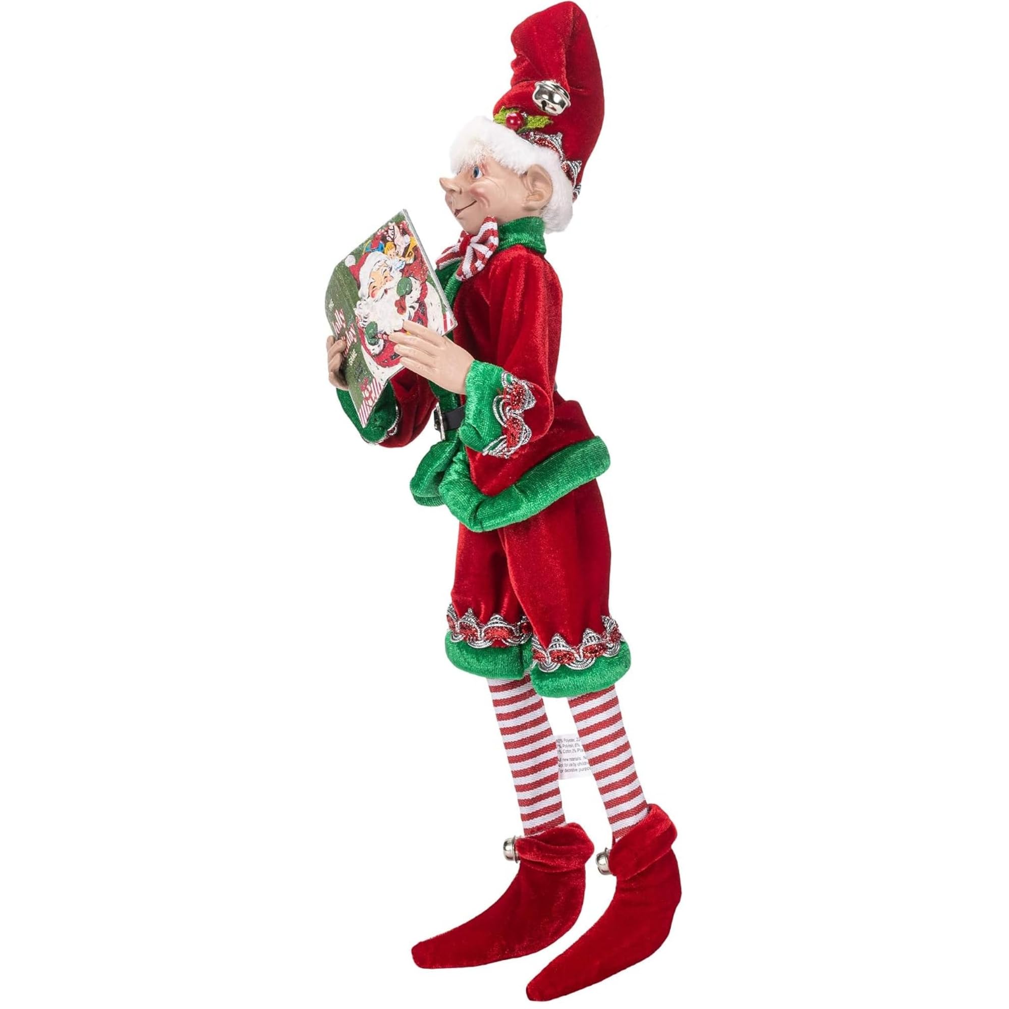 RAZ Imports Elfo de Navidad Posable, 16 Pulgadas de Alto, Traje de Terciopelo Rojo y Verde con Libro de Papá Noel, colección navideña de los Juegos de Reno 2019