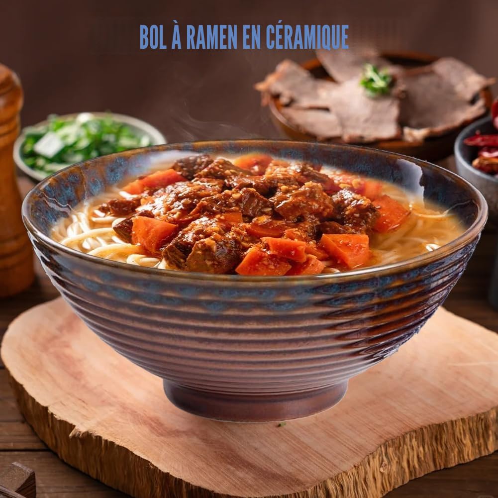 Lot de 2 bols à ramen en céramique 1200 ml avec baguettes et cuillère | Lot de 2 bols à ramen en céramique de 1200 ml avec baguettes et cuillères, parfaits pour ramen, soupe, salade et poke bowls.