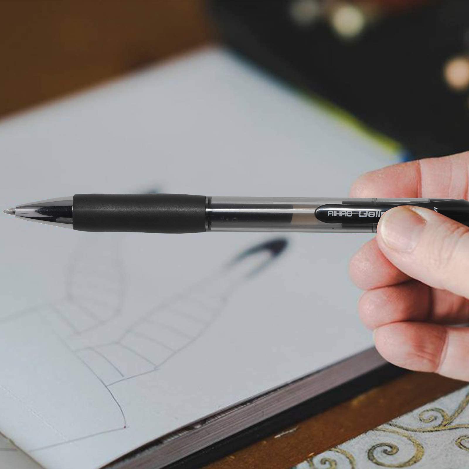 AIHAO Bolígrafos de tinta de gel negro, punta media (0,7 mm), tinta de secado rápido, 12 unidades, bolígrafos de rodillo, recargables y retráctiles con agarre cómodo
