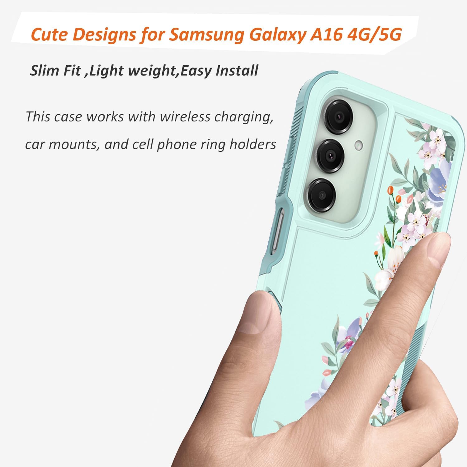 for Samsung Galaxy A16 5G/4G Case: Cute Flowers Floral Design for Girls Women Slim Soft TPU Bumper Shockproof Silicone Cell Phone Cover (Mint Green/Magnolia) - Image 7