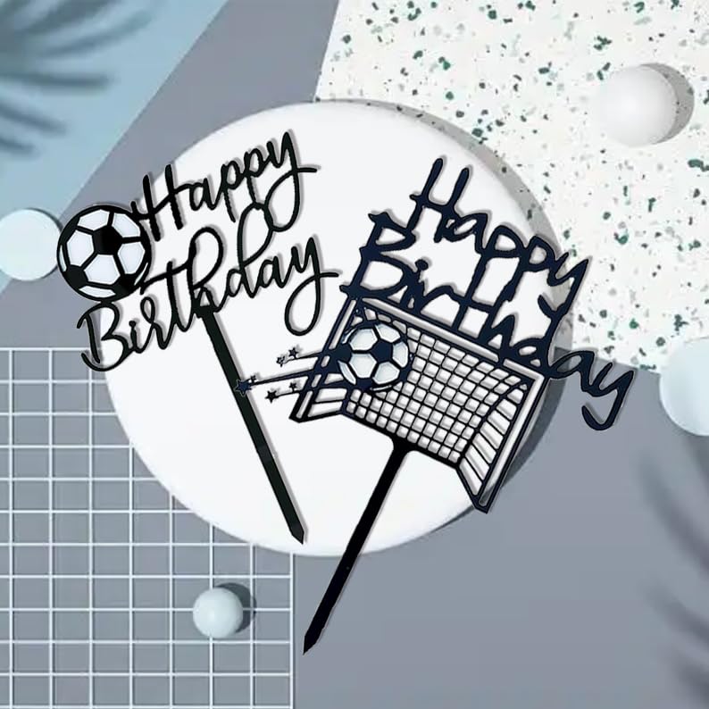 2 sztuki dekoracji tortu piłkarskiego – akrylowe nakładki na tort z napisem "Happy Birthday" na imprezy piłkarskie i urodzinowe, wielokrotnego użytku do kreatywnych dekoracji